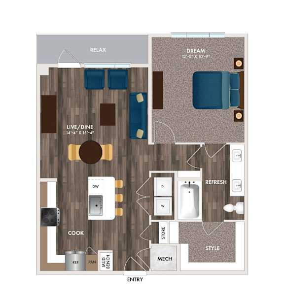 A floor plan of a small apartment with a living room, kitchen, and bedroom.