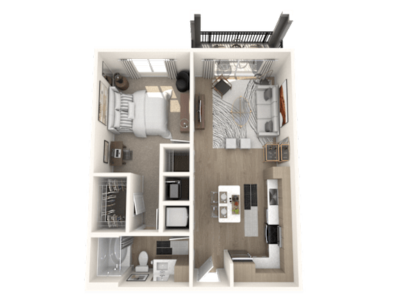 A 3D floor plan of a small apartment with a kitchen, living room, and bathroom