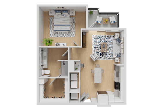 A 3D floor plan of a small apartment with a bedroom, living room, and kitchen.