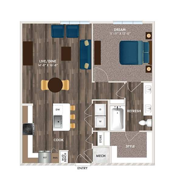 A floor plan of a living space with a kitchen, dining area, and a bedroom.
