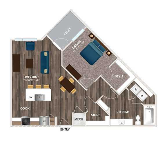 A floor plan of a house with labeled rooms such as "DREAM" and "REFRESH".