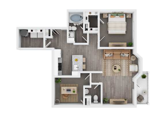 A top-down view of a house layout with a kitchen, living room, dining area, and bedrooms.