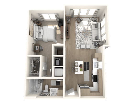 A 3D floor plan of a small apartment with a kitchen, living room, and bathroom