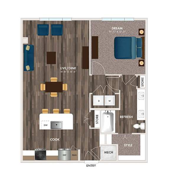 A floor plan of a house with a living room, dining room, kitchen, and bathroom.