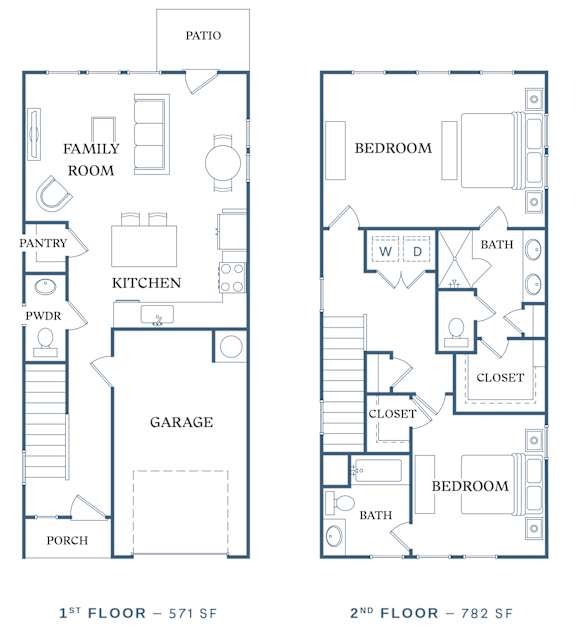 the floor plans for the two floors of a town house with a garage