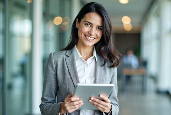 A woman in a business suit is holding a tablet and smiling.