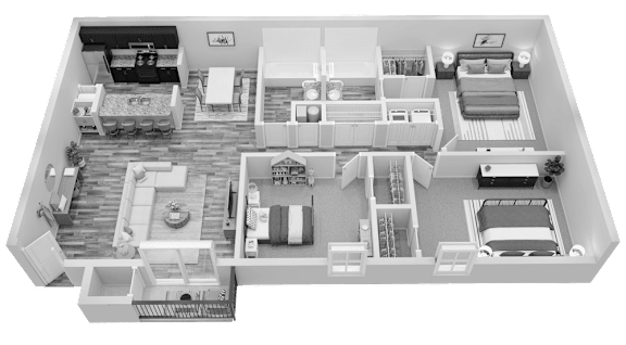 A detailed 3D floor plan of a house showing all rooms and their furnishings.
