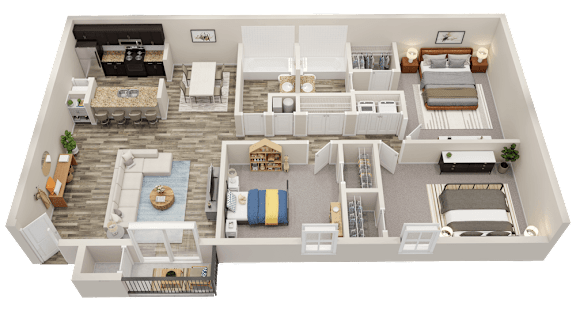 A 3D rendered image of a house layout.