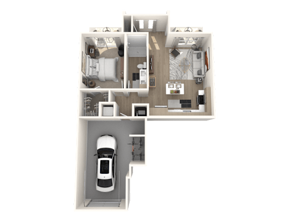 Floor Plan  A 3D floor plan of a house with a car parked in the garage
