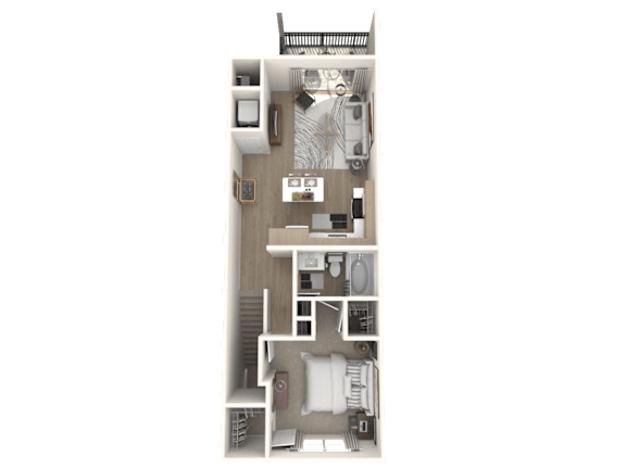 Floor Plan  A 3D floor plan of a small apartment with a kitchen, living room, and bathroom