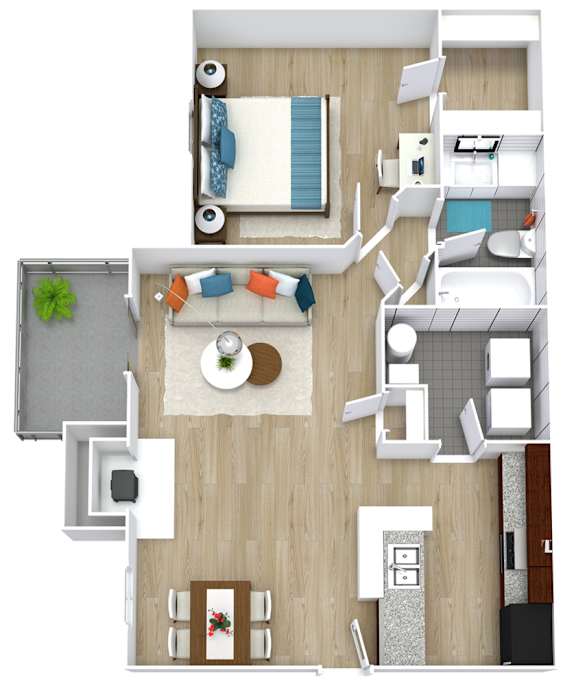 A top-down view of a modern apartment layout.