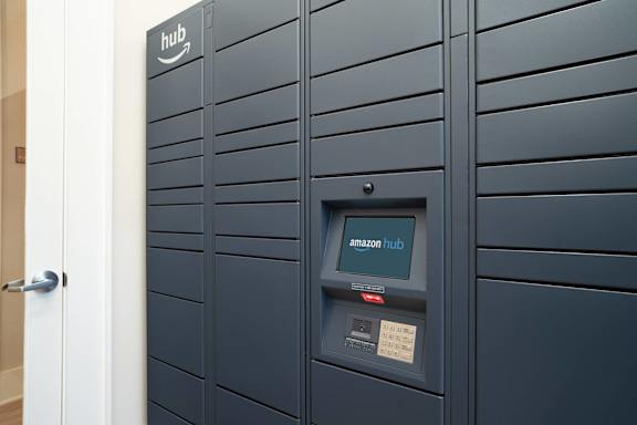 A black Amazon Hub locker is closed.