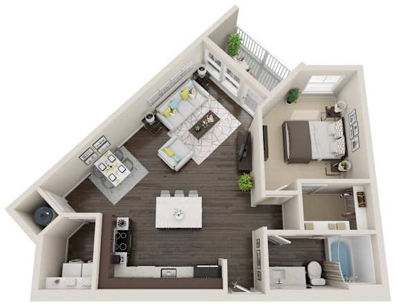 A top-down view of a house layout with a kitchen, living room, and bathroom.