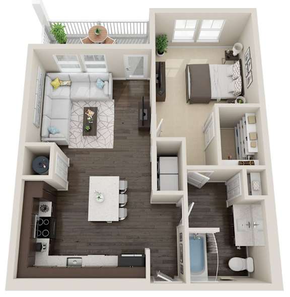 A top-down view of a small apartment with a kitchen, living room, and bathroom.