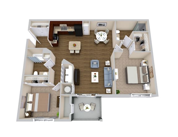 A top-down view of a house interior with a living room, kitchen, and dining area.