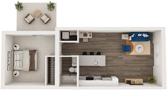 A top-down view of a small apartment with a bedroom, living room, and kitchen.