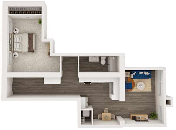 A floor plan of a small apartment with a bedroom, living room, and kitchen.