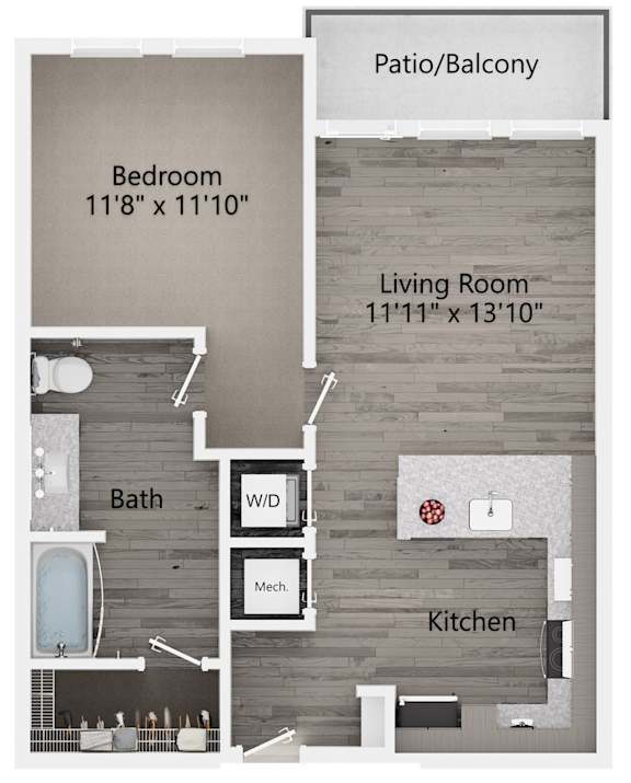 A floor plan of a small apartment with a bedroom, living room, kitchen, bathroom, and a patio/balcony.