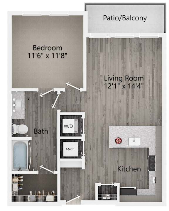 A floor plan of a small apartment with a bathroom, bedroom, living room, kitchen, and patio/balcony.
