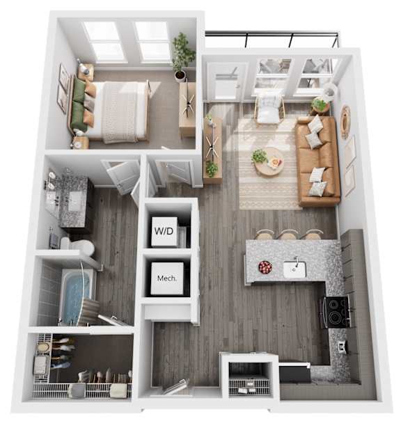 A modern apartment layout with a kitchen, living room, and bathroom.