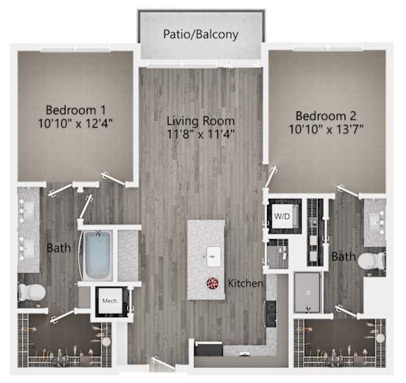 A floor plan of a home with three bedrooms, a living room, a kitchen, a bath, and a patio/balcony.