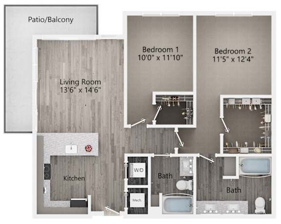 A floor plan of a home with a living room, kitchen, two bathrooms, and two bedrooms.