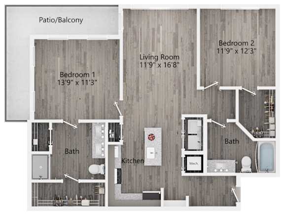 A floor plan of a house with two bedrooms, a living room, a kitchen, a bathroom, and a patio/balcony.