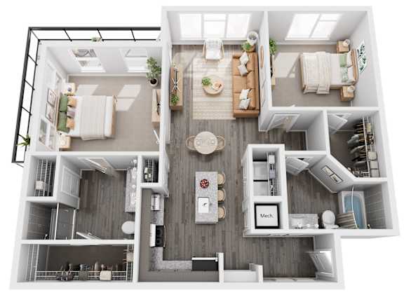 A top-down view of a modern, well-organized apartment with a kitchen, living room, and bathroom.