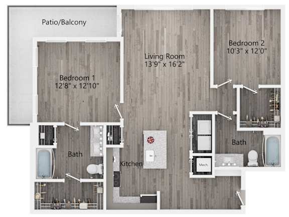 A floor plan of a house with two bedrooms, a living room, a kitchen, a bath, and a patio/balcony.