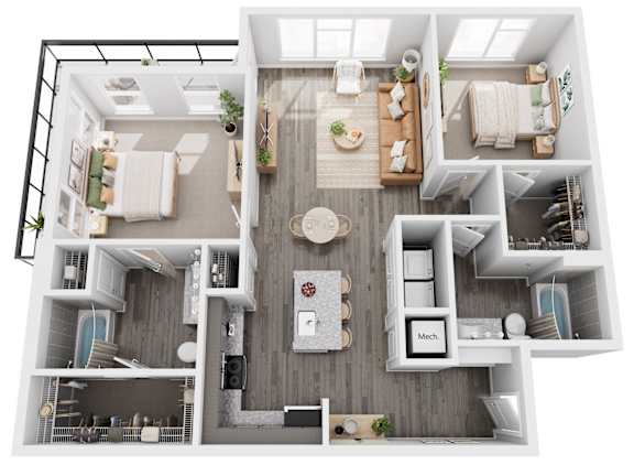 A top-down view of a modern apartment layout with a kitchen, living room, and bathroom.