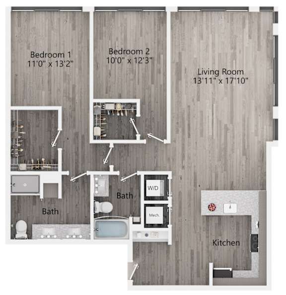 A floor plan of a small apartment with two bedrooms, a living room, a kitchen, and a bathroom.