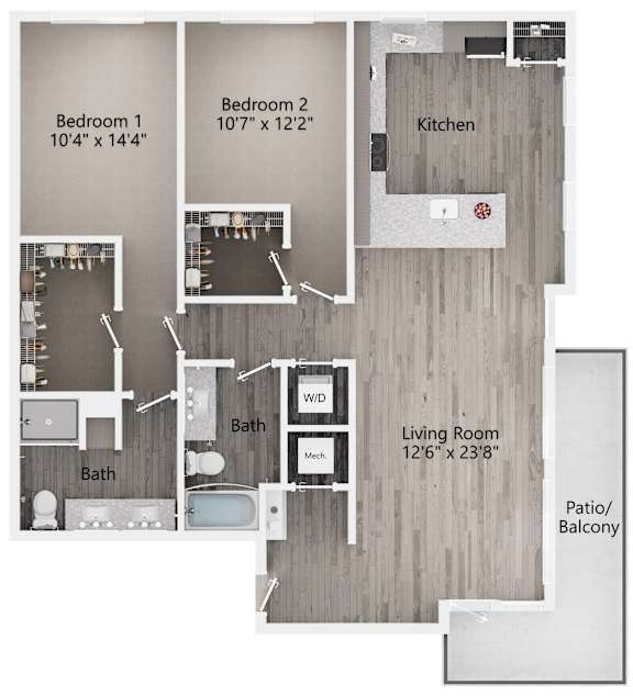 A floor plan of a home showing two bedrooms, a living room, kitchen, bathroom, and patio.