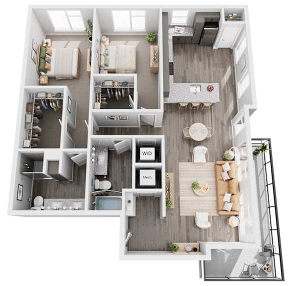 A top-down view of a modern apartment layout with a living room, dining area, kitchen, and bedrooms.