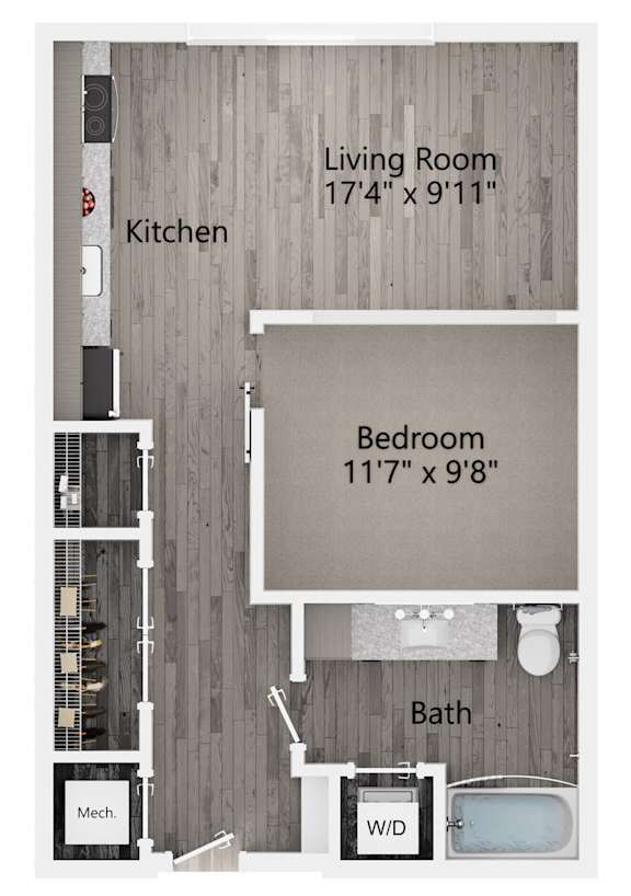 A floor plan of a small apartment with a kitchen, living room, bedroom, bathroom, and mechanicals.