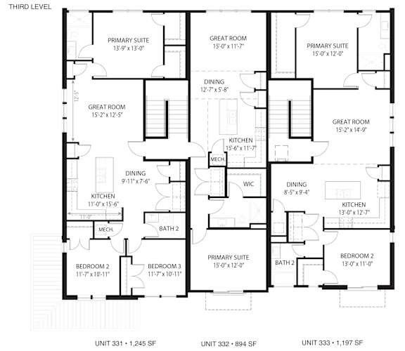 A black and white image of a floor plan for a third level apartment.