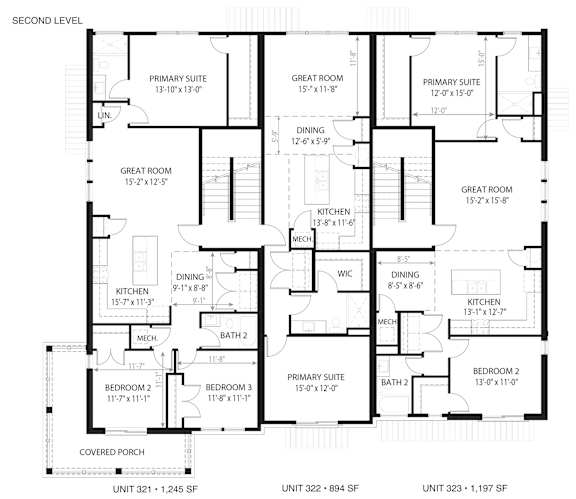 A black and white image of a second level floor plan for a home with three units.