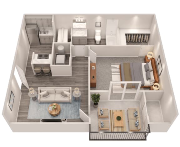 A top-down view of a small apartment with a living room, kitchen, and bathroom.