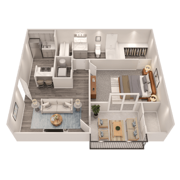 A 3D floor plan of a modern apartment with two bedrooms, a living room, a kitchen, and a bathroom.