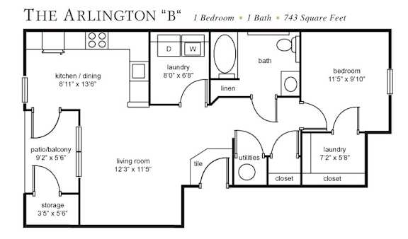 A floor plan of a one bedroom apartment named The Arlington "B".