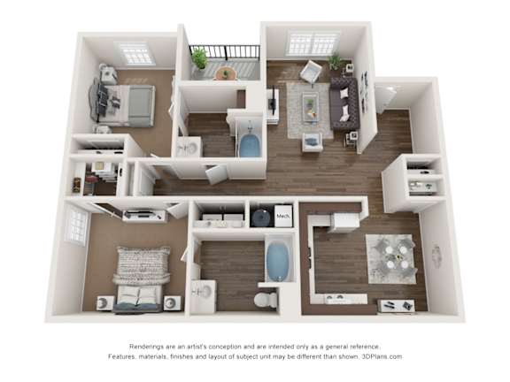 A 3D floor plan of a house with multiple rooms and furniture.