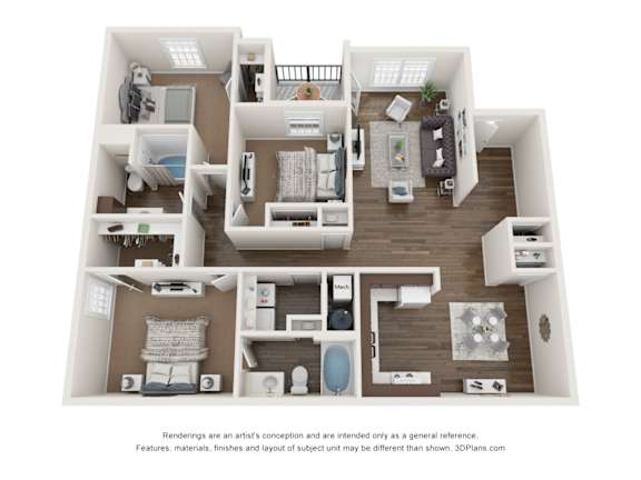 A 3D floor plan of a house with a kitchen, living room, and bathroom.