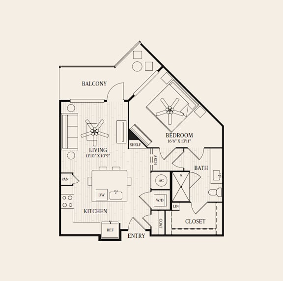 A black and white floor plan of a house with a balcony, living room, kitchen, bathroom, and bedroom.