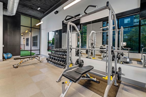 a gym with weights and cardio equipment at aria on the avenue apartments
