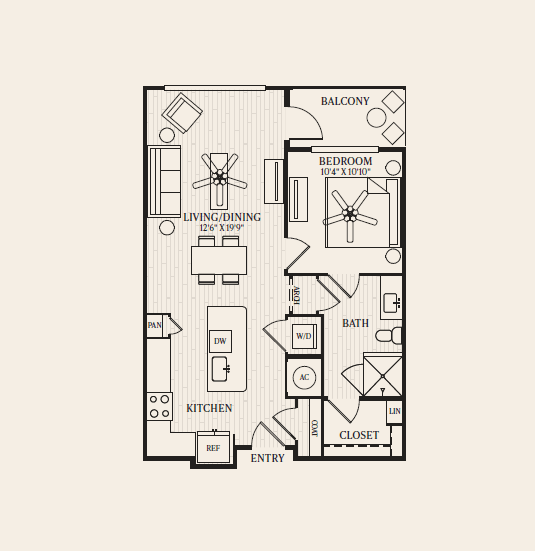 A floor plan of a small apartment with a living room, kitchen, bathroom, and bedroom.