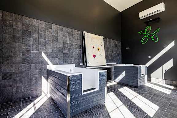 A modern bathroom with a large mirror and a white sink.