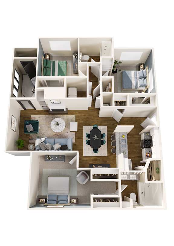 A top down view of a modern apartment layout.