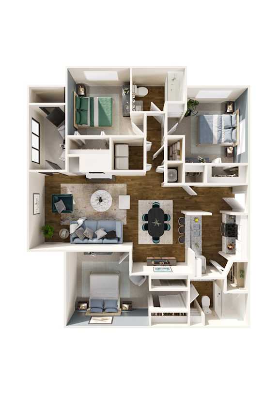 A top-down view of a small apartment with a kitchen, living room, and bedroom.