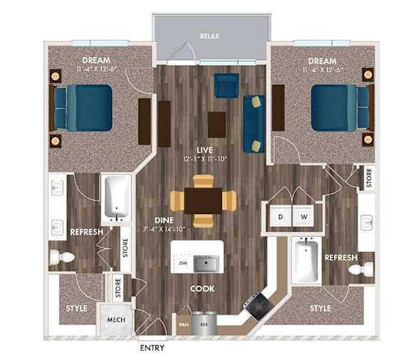 A floor plan of a house with two bedrooms, a living room, a dining room, a kitchen, a study, a pantry, and a garage.