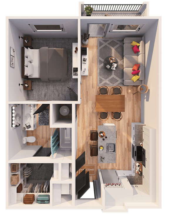 A series of images showing different views of a small apartment layout.