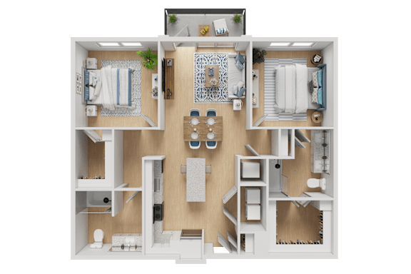A 3D floor plan of a small apartment with two bedrooms, a living room, and a kitchen.